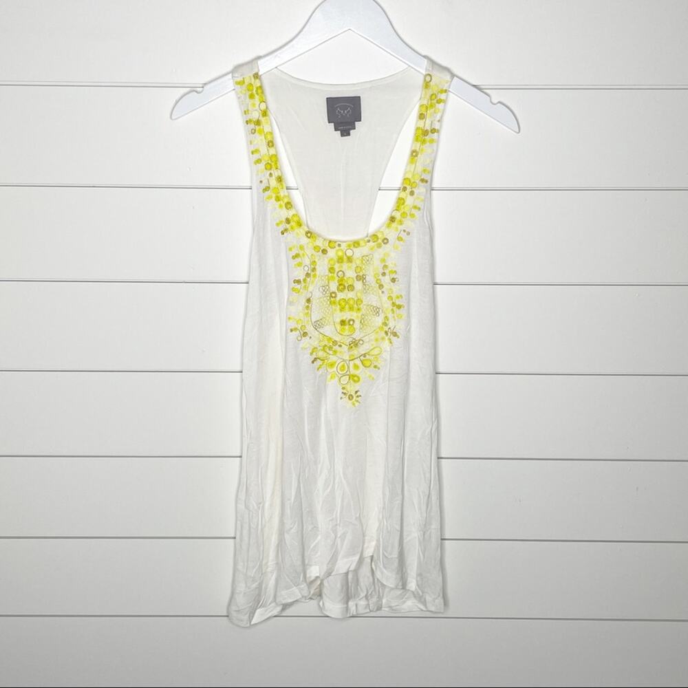 Anthropologie White Tank Top with Yellow Embroidered Neckline
